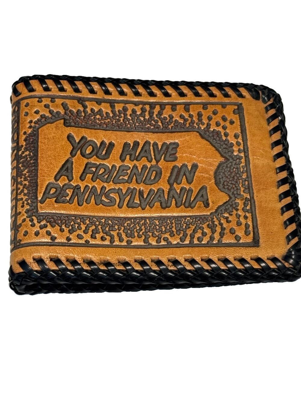 Vintage Hand Tooled Pennsylvania Souvenir Bi-Fold Whip Stitched Leather Wallet